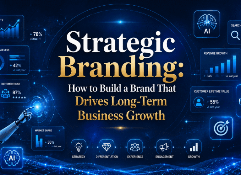 Text: Futuristic strategic branding and ROI metrics surrounding a business growth strategy