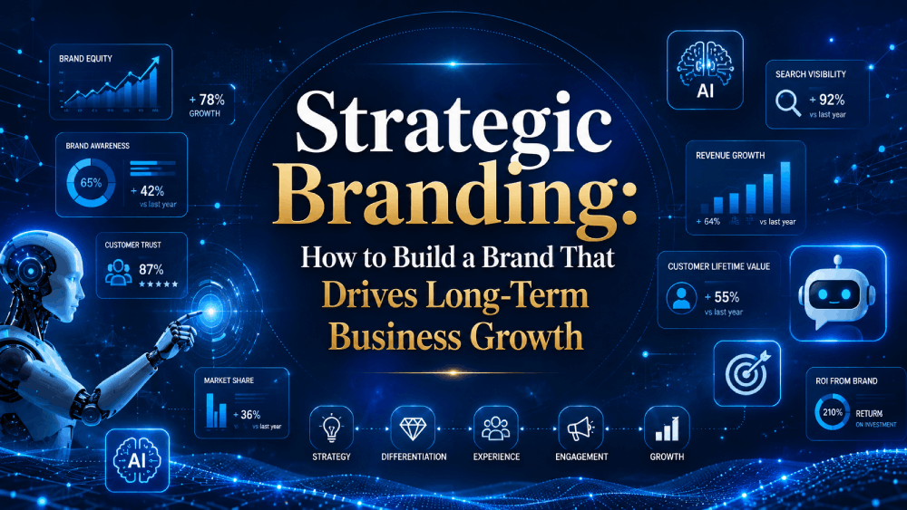 Text: Futuristic strategic branding and ROI metrics surrounding a business growth strategy